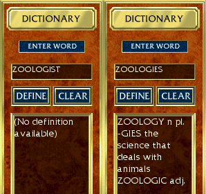 Two screenshots of Scrabble 2.0, the first showing "no definition available" for "ZOOLOGIST", the second showing the definition of "zoology" for "ZOOLOGIES"